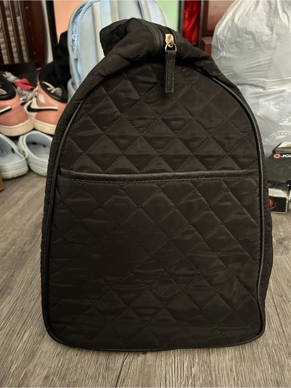 Black Quilted Tote Bag with Front Zip Pocket - Men